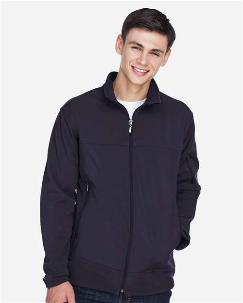 Men's Three layer Fleece Performance Soft Shell Jacket - - 15450 Midnight Navy 132D3 8-8.9 oz 88099 AB Exclusive Brands Adjustable CA New ab Drawstring Fleece Full-Zips Jackets Mens & Unisex New AB North End Outerwear Performance Pockets Polyester Soft Shells Spandex Waterproof Zips
