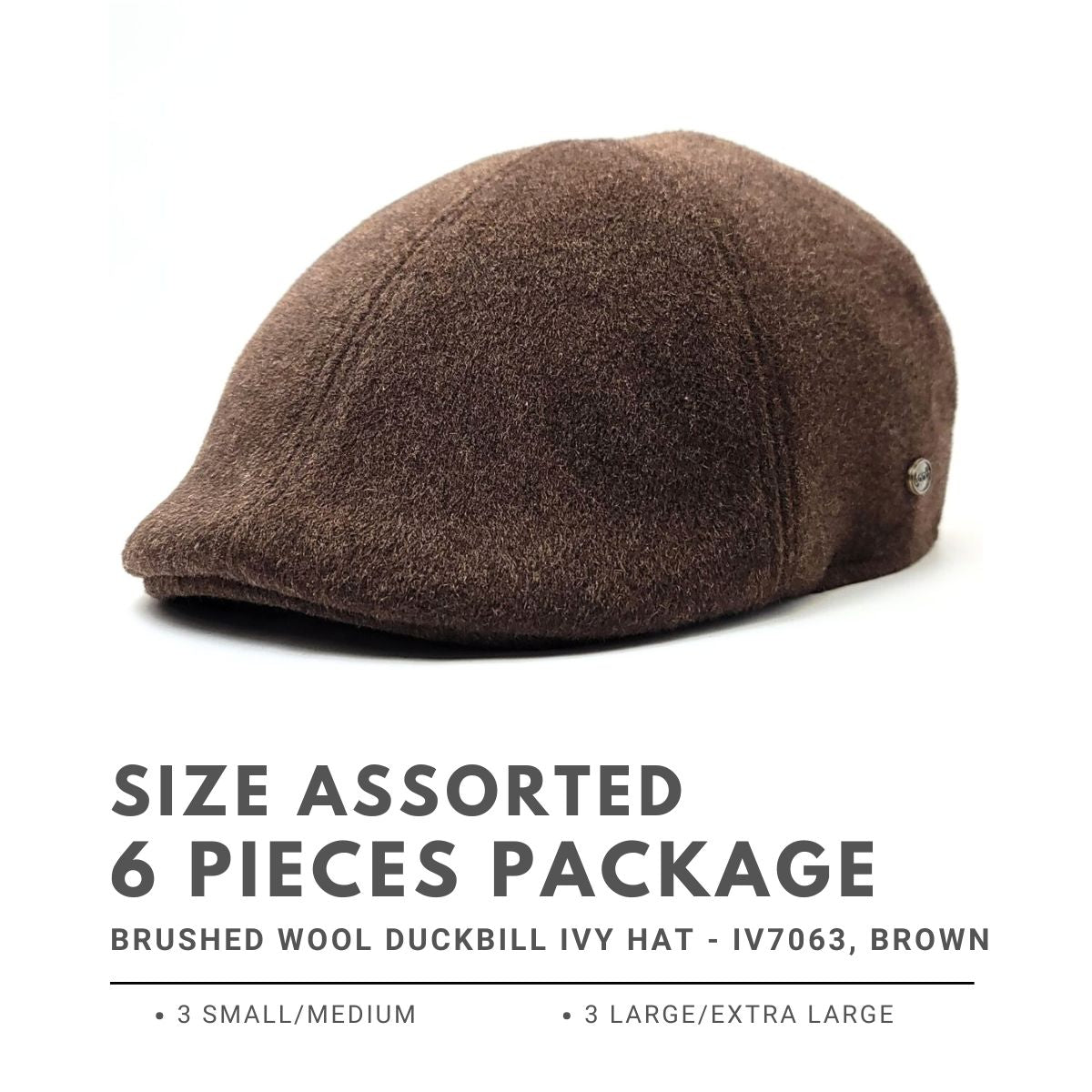 Brushed Wool Duckbill Ivy Hat - IV7063, 100% Wool, 2 sizes Brown 6 peices Package (3 S M + 3 L XL) Fashion Hat