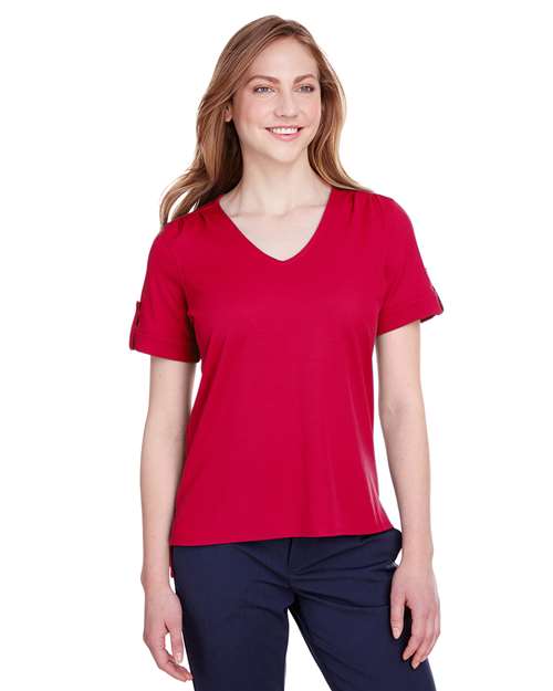 Women's CrownLux Performance® Plaited Rolled Sleeve Shirt - - 13387 Red 641B2 AB Exclusive Brands CA New ab Devon & Jones DG20WB Moisture-Management New AB Performance S&S Deep Deals Short Sleeves Side Seams Sport Shirts Sun/UV Protection Tops Womens