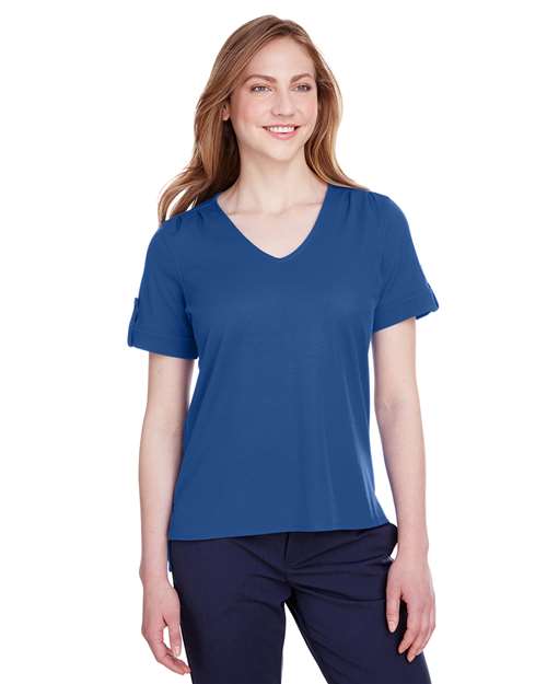 Women's CrownLux Performance® Plaited Rolled Sleeve Shirt - - 13387 True Royal 641B2 AB Exclusive Brands CA New ab Devon & Jones DG20WB Moisture-Management New AB Performance S&S Deep Deals Short Sleeves Side Seams Sport Shirts Sun/UV Protection Tops Womens