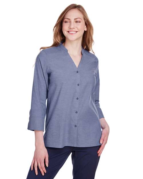 Women's Crown Collection® Stretch Pinpoint Chambra Three-Quarter Sleeve Shirt - - 13493 Navy 3XL 3/4 Sleeves 694B2 AB Exclusive Brands CA New ab Devon & Jones DG562W Dress Shirts New AB S&S Deep Deals S&S Exclusive Brands Stain Resistant Tops Womens Wovens Wovens & Dress Shirts Wrinkle Free