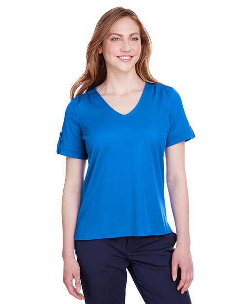 Women's CrownLux Performance® Plaited Rolled Sleeve Shirt - - 13387 French Blue 641B2 AB Exclusive Brands CA New ab Devon & Jones DG20WB Moisture-Management New AB Performance S&S Deep Deals Short Sleeves Side Seams Sport Shirts Sun/UV Protection Tops Womens