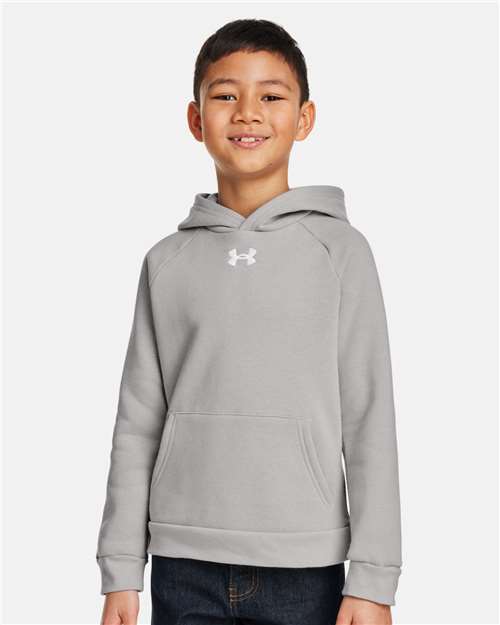 Youth Rival Fleece Hooded Sweatshirt - - 16128 Mod Grey Light Heather White 002E2 1379792 AB Retail Exclusive Brands CA New ab Cotton Fleece - Premium - Hood Hooded Long Sleeves New AB Pockets Polyester S&S Exclusive Brands Sweatshirts Sweatshirts & Fleece Under Armour Visible Logos Youth