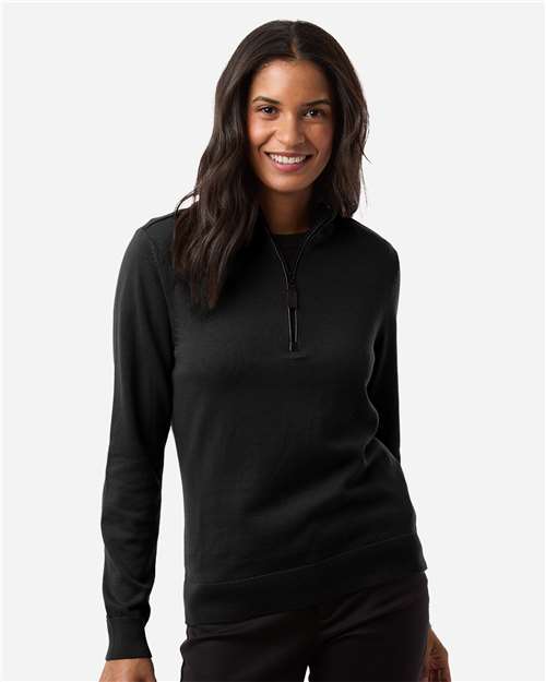 Women's New Classics Quarter-Zip Sweater - - 16189 Black 014B2 7-7.9 oz Apparel CA New ab Devon & Jones DG446W Knit Quarter-Zips Recycled Sustainable Materials Sustainable Styles Sweaters Womens