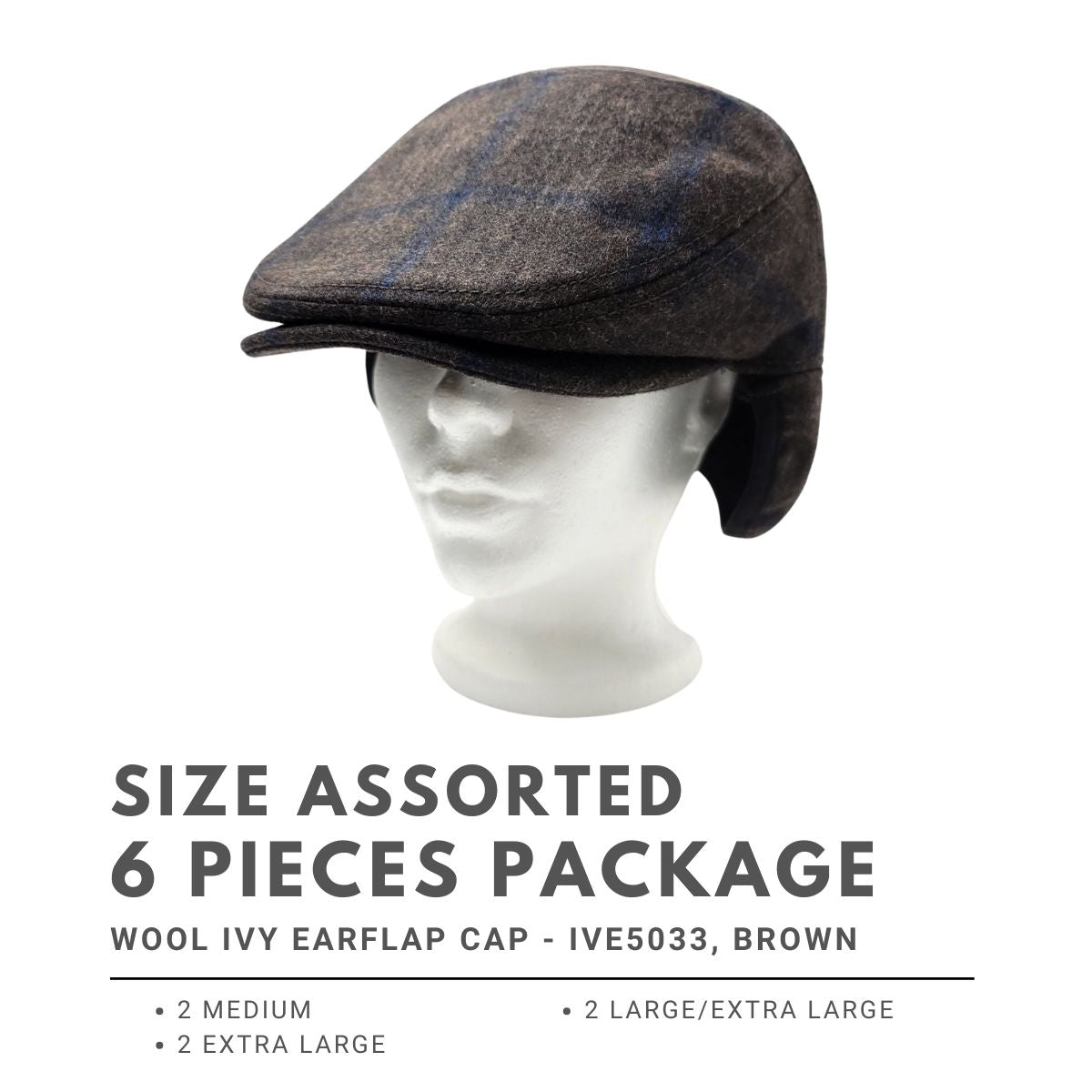 Wool Ivy Earflap Cap - IVE5033, 100% Wool, Plaid Pattern, 3 Sizes Brown 6 pieces Package (2 M, 2 L, 2 XL) Fashion Hat