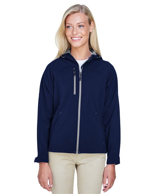 Women's Prospect Two-Layer Fleece Bonded Soft Shell Hooded Jacket - - 14137 111D3 7-7.9 oz 78166 AB Exclusive Brands Adjustable Back to School 2025 CA CA New ab Drawstring Fleece Full-Zips Hooded Jackets Media Pocket New AB North End Outerwear Performance Pockets Polyester S&S Exclusive Brands Soft Shells Spandex Water Resistant Womens Zips