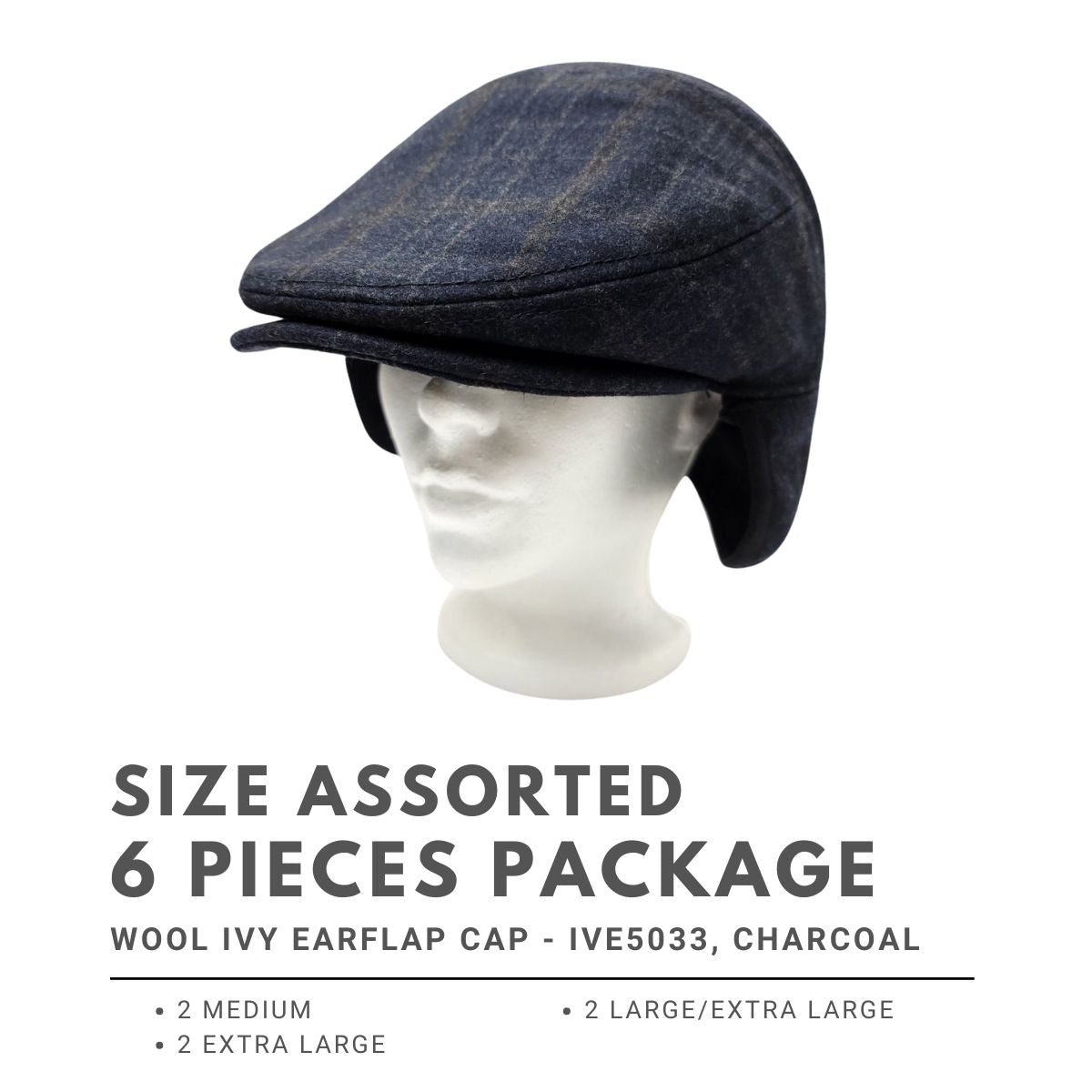 Wool Ivy Earflap Cap - IVE5033, 100% Wool, Plaid Pattern, 3 Sizes Charcoal 6 pieces Package (2 M, 2 L, 2 XL) Fashion Hat