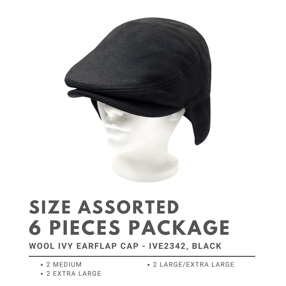 Wool Ivy Earflap Cap - IVE2342, 100% Wool, Solid Colour, 3 Sizes Black 6 pieces Package (2M, 2L, 2XL) Fashion Hat