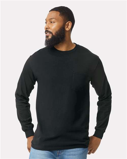 Unisex Ultra Cotton Long Sleeve Pocket T-Shirt - 2410 Black classic fit cotton durable everyday wear long sleeve t-shirt pocket t-shirt Polyester printable T-Shirts - Long Sleeve ultra cotton unisex