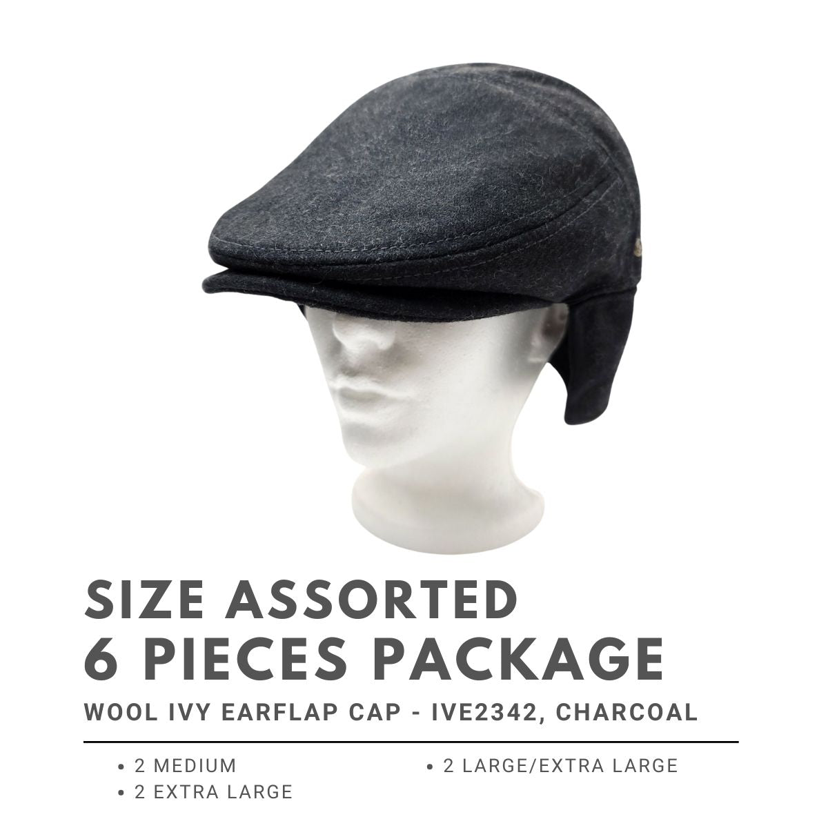 Wool Ivy Earflap Cap - IVE2342, 100% Wool, Solid Colour, 3 Sizes Charcoal 6 pieces Package (2M, 2L, 2XL) Fashion Hat