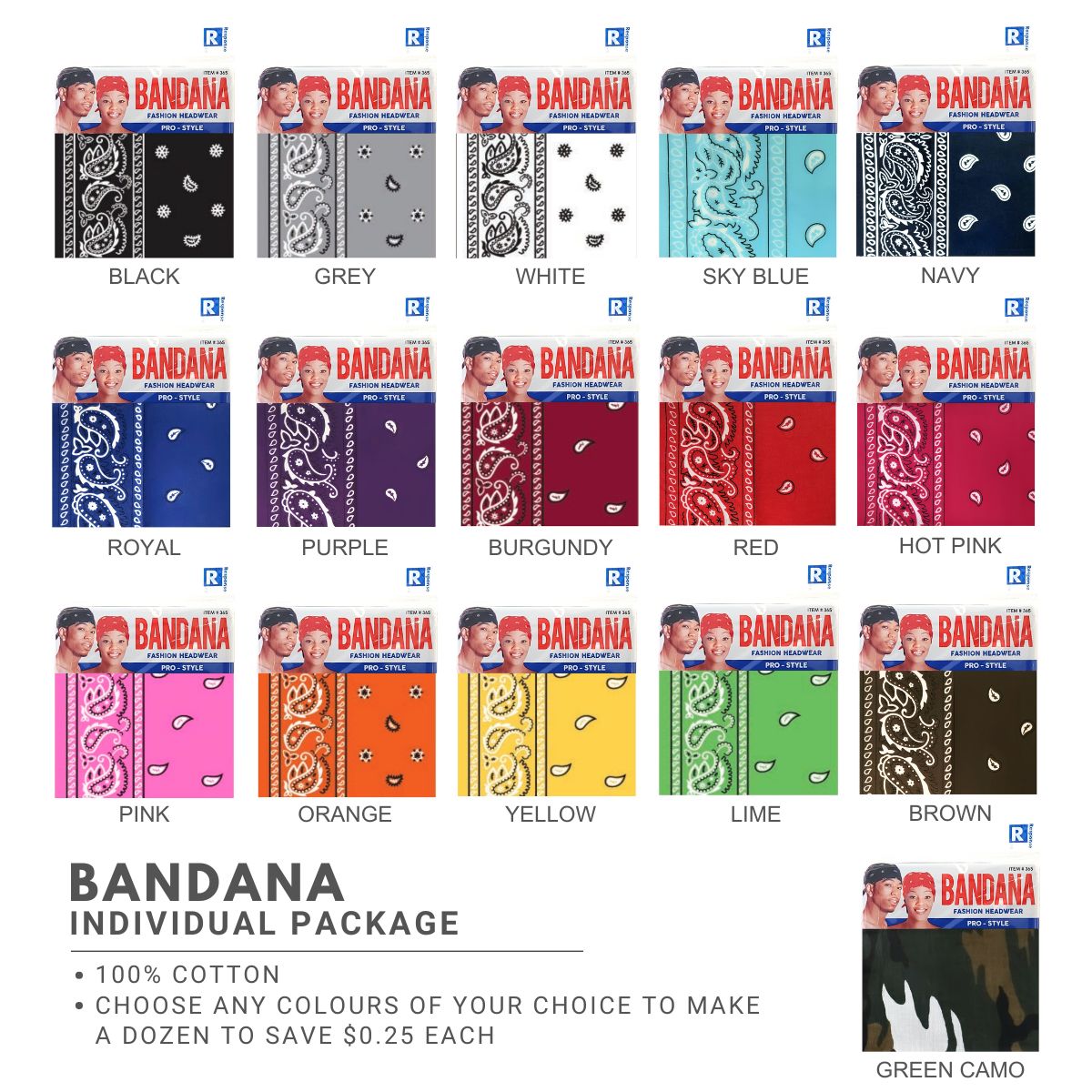 Bandana - Individual Package, Various Colours, One Size Accessories Dozen Special