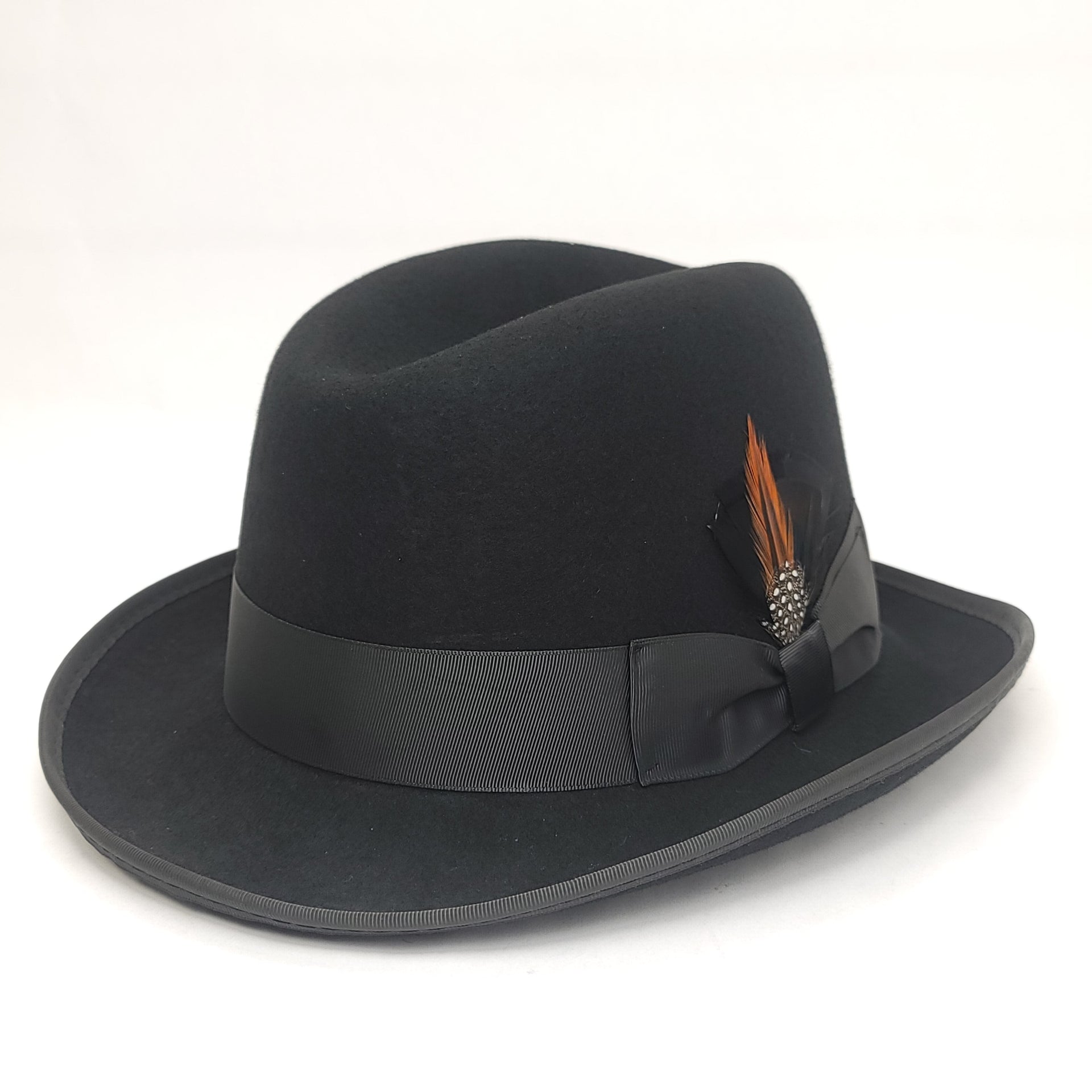 Godfather, Homburg Hat, FD223- 100% Wool Felt with Feather, Black, Small to XLarge Fashion Hat Godfather