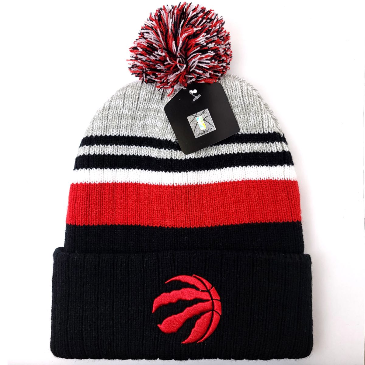 Toronto Raptors Pom Knit Toque - PW, Black with Red & Grey Stripes, with Alt. Logo Raptors Toronto