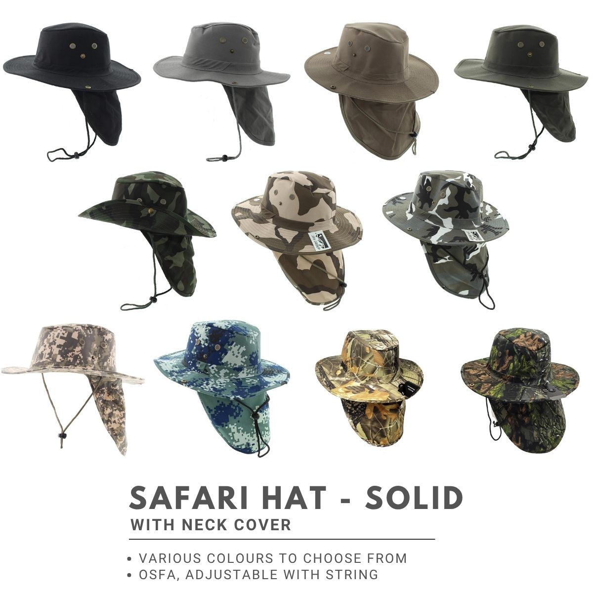 Safari Hat with Neck Cover, Solid, Various Colours & Sizes Dozen Special Summer Hat