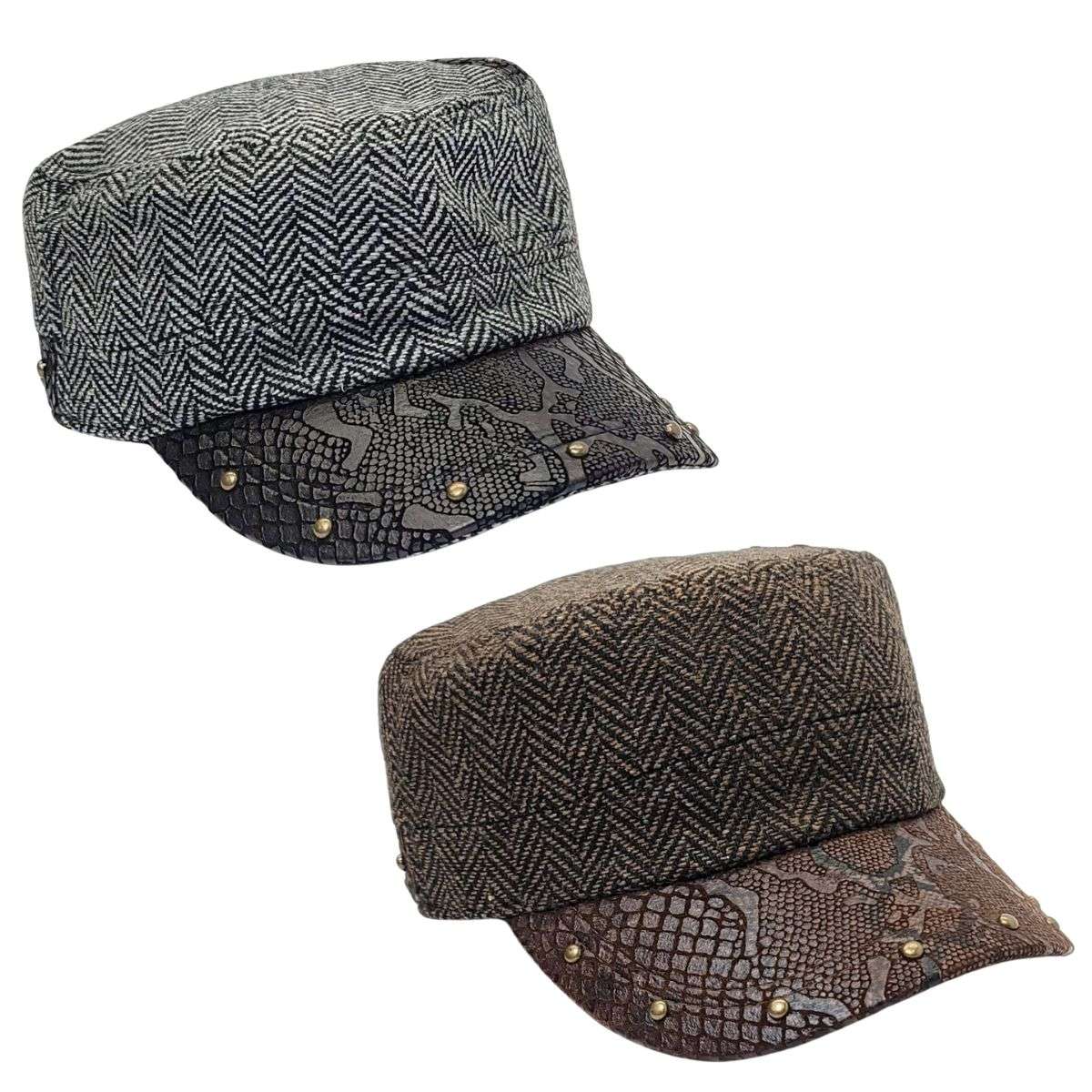 Cadet Cap - Herringbone, PU Leather Visor, BS3889, Black & Brown Military Cap