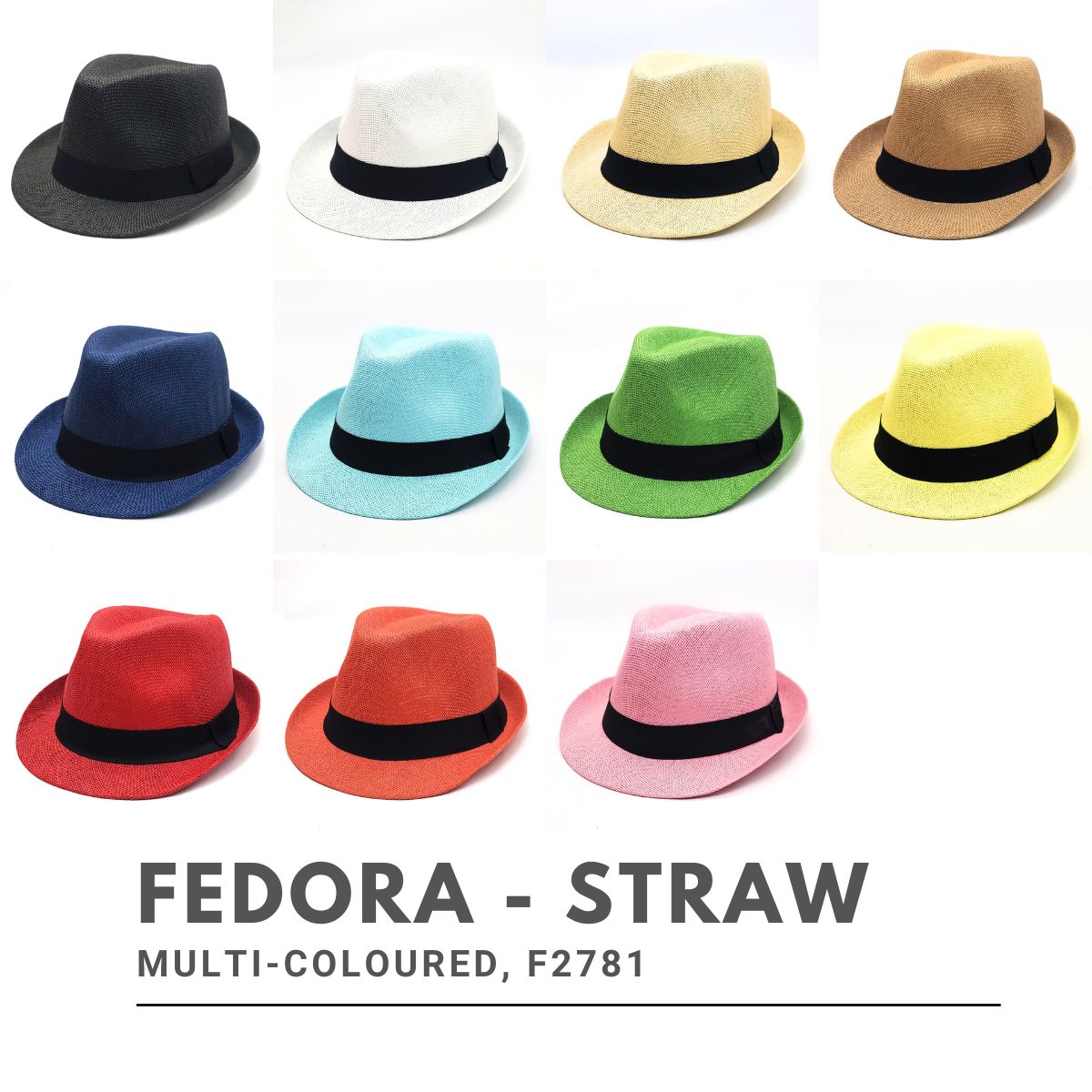 Fedora Hat - F2781, 100% Straw, Multi-Coloured, OSFA, Adjustable Fashion Hat New