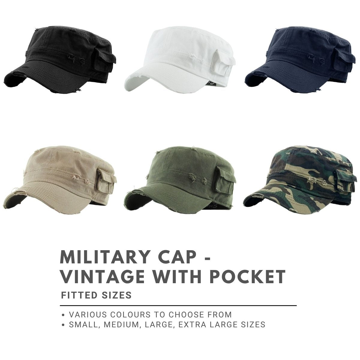 Military Cap - Vintage with Pocket, Multi-Coloured, Fitted Plain Cap