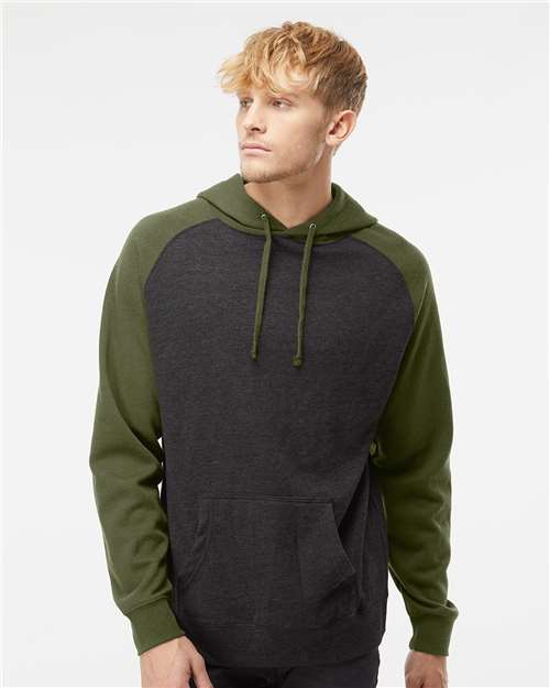 Independent Trading Co. IND40RP, Unisex Raglan Hooded Sweatshirt, Charcoal Heather/ Army Heather