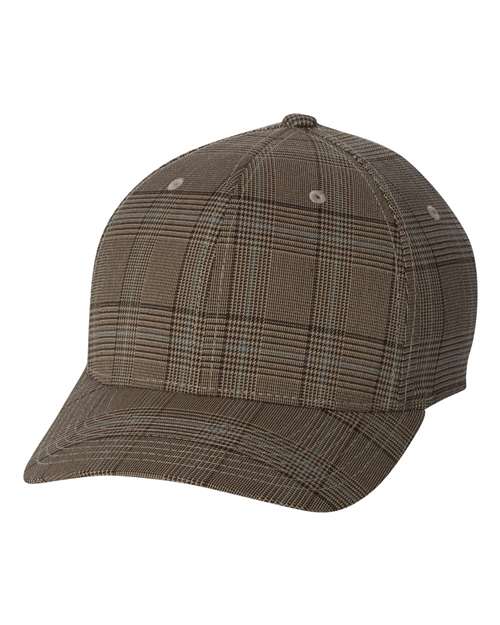 Glen Check Cap - - 3253 Brown Khaki 6196 76895 Adult Blends Fitted Flexfit Hats Headwear Mens & Unisex Mid Profiles No Treatment No Visible Logos Plaid Polyester Polyester - Over 50% Pre-Curved Visor Road Trip Six-Panel Spandex Structured