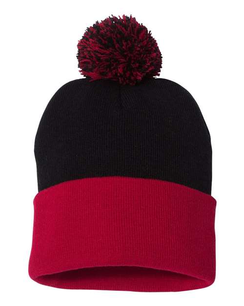 Sportsman SP15, 12" Pom-pom Cuffed Beanie, Black/ Red