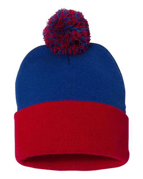 Sportsman SP15, 12" Pom-pom Cuffed Beanie, Royal/ Red