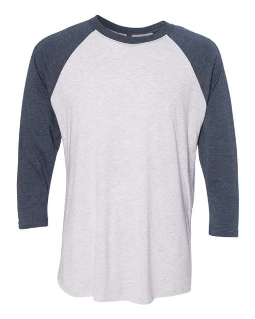 Next Level 6051, Unisex Triblend Three-quarter Raglan Tee, Indigo Sleeves/ Heather White Body