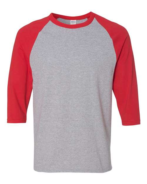 Gildan 5700, Unisex Heavy Cotton Raglan Three-quarter Sleeve T-shirt, Sport Grey/ Red