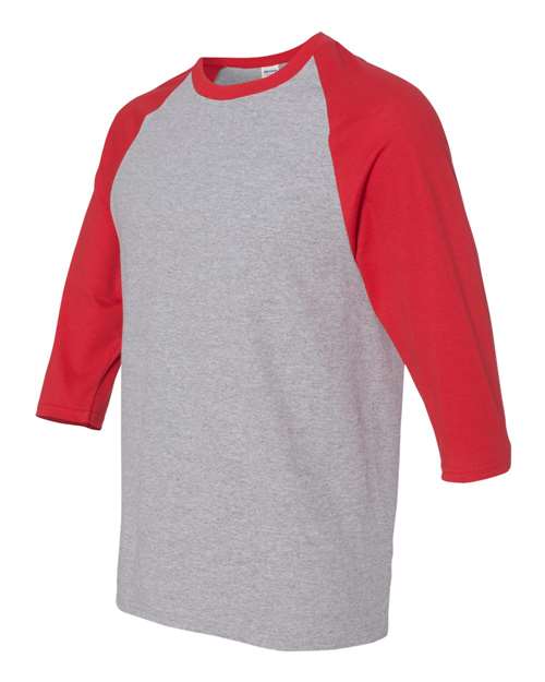 Gildan 5700, Unisex Heavy Cotton Raglan Three-quarter Sleeve T-shirt, Sport Grey/ Red