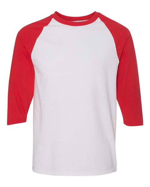 Gildan 5700, Unisex Heavy Cotton Raglan Three-quarter Sleeve T-shirt, White/ Red