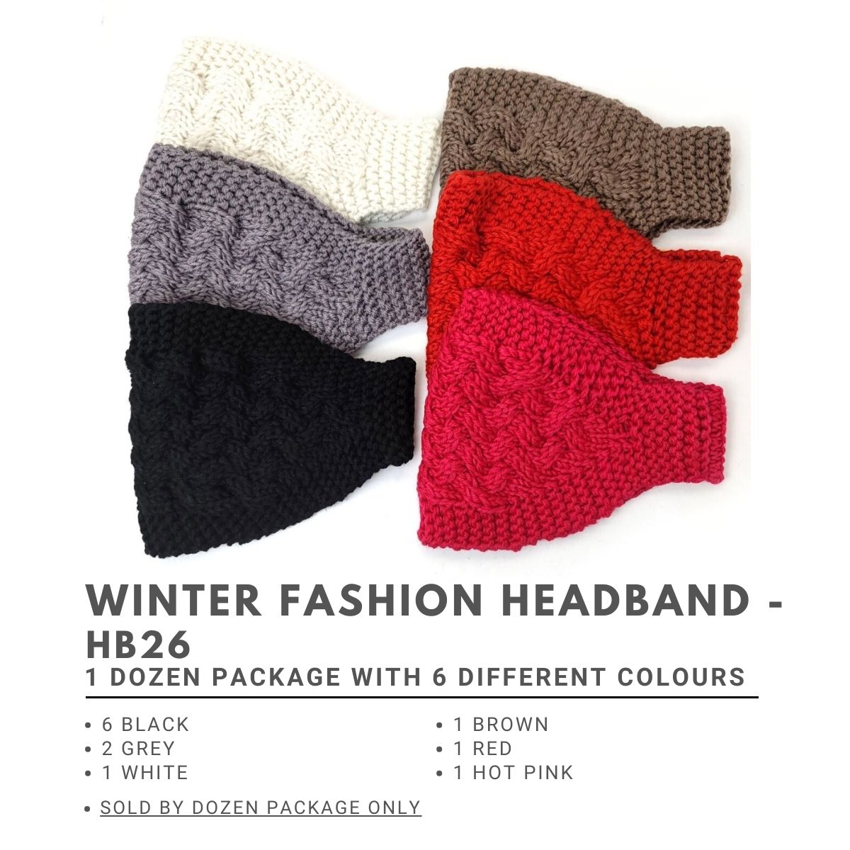 Winter Fashion Headband - HB26, Knitted, Dozen Package Dozen Package - 6 Black 2Grey 1 White 1 Brown 1 Red 1 Hot pink Accessories