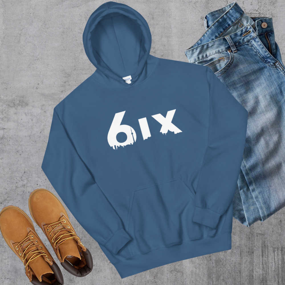 6ix Hoodie - Toronto Embroidery Indigo Blue bulk orders canadian city apparel custom decoration custom embroidery custom hoodies embroidered hoodies embroidery service fast turnaround professional embroidery pullover sweatshirts toronto toronto embroidery