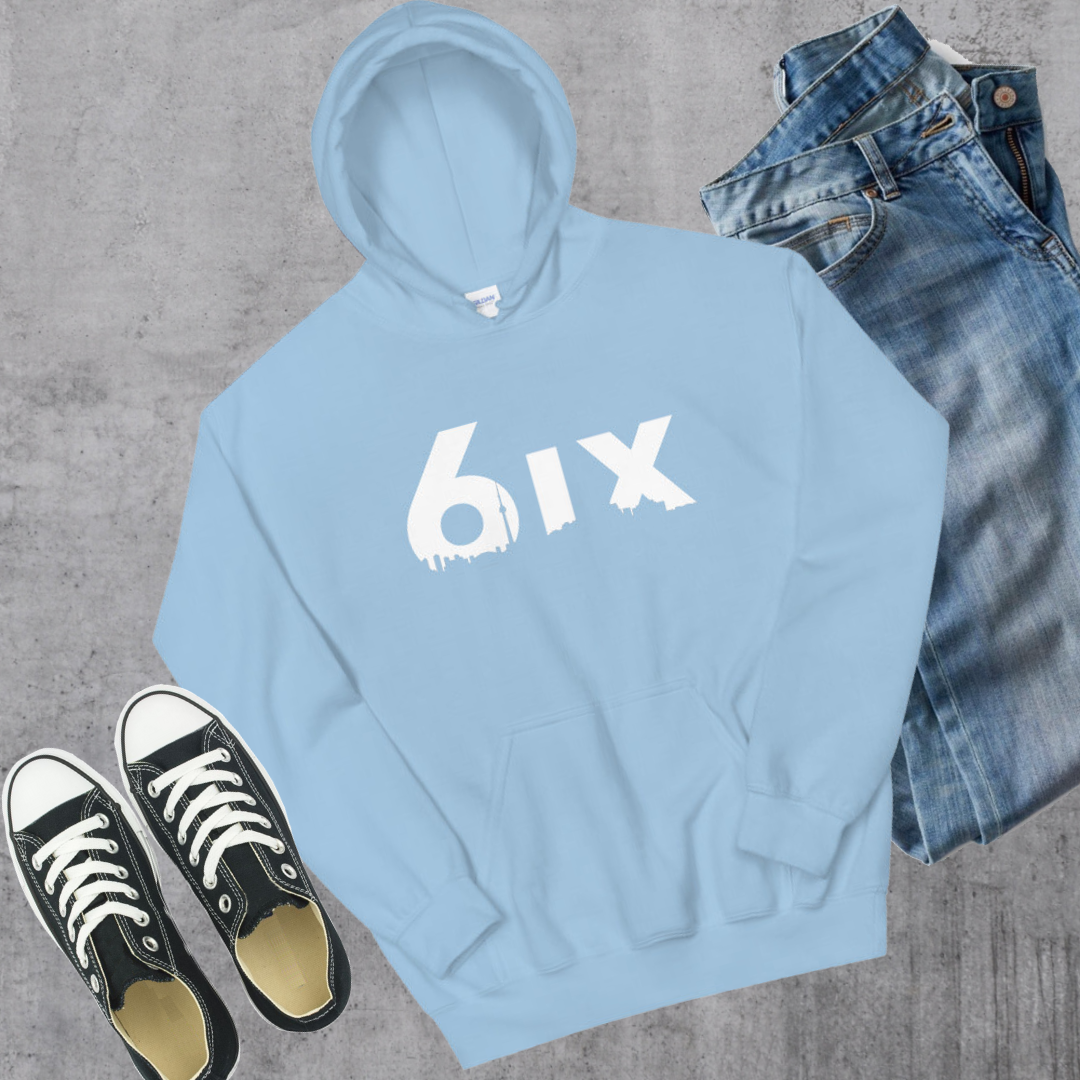6ix Hoodie - Toronto Embroidery Light Blue bulk orders canadian city apparel custom decoration custom embroidery custom hoodies embroidered hoodies embroidery service fast turnaround professional embroidery pullover sweatshirts toronto toronto embroidery