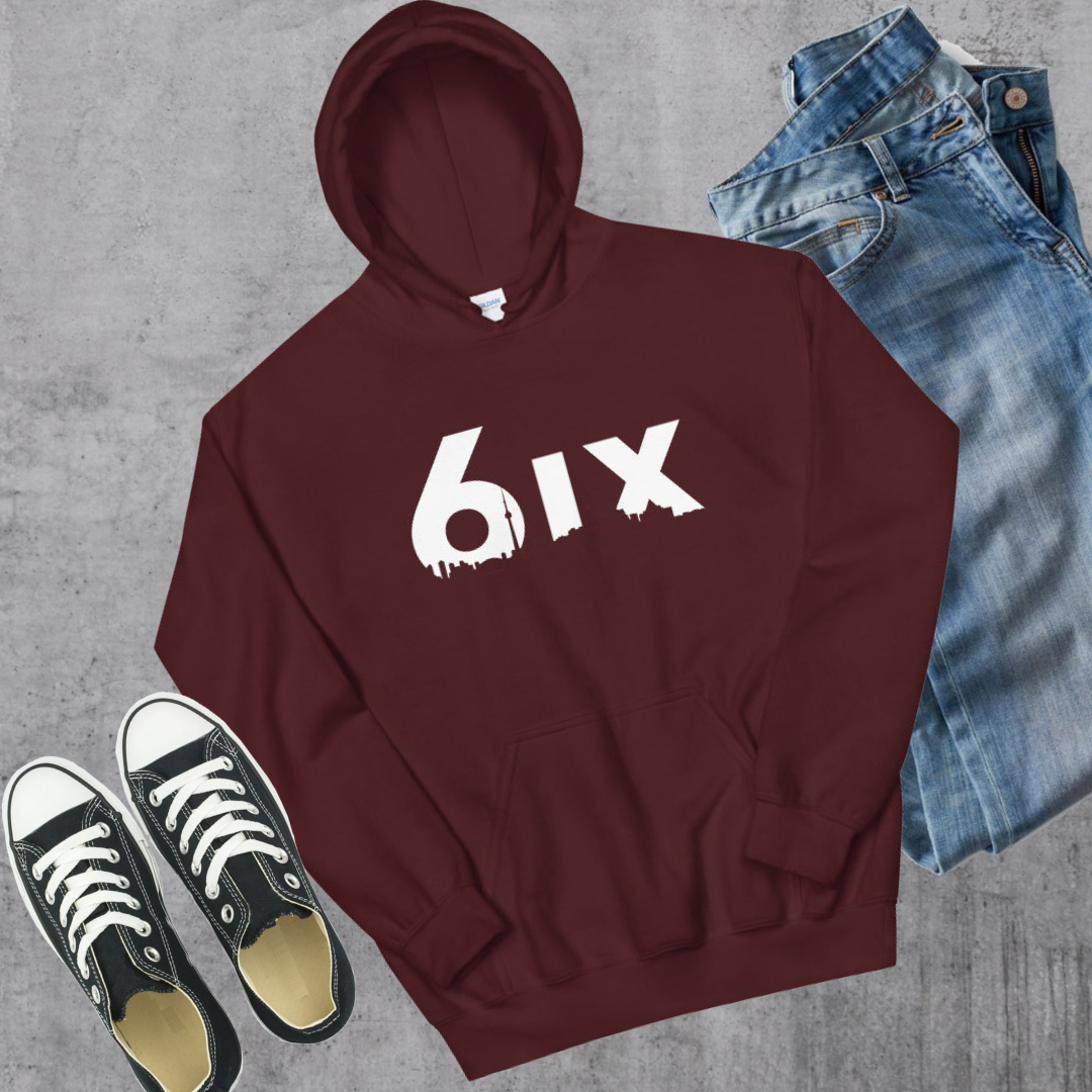 6ix Hoodie - Toronto Embroidery Maroon bulk orders canadian city apparel custom decoration custom embroidery custom hoodies embroidered hoodies embroidery service fast turnaround professional embroidery pullover sweatshirts toronto toronto embroidery
