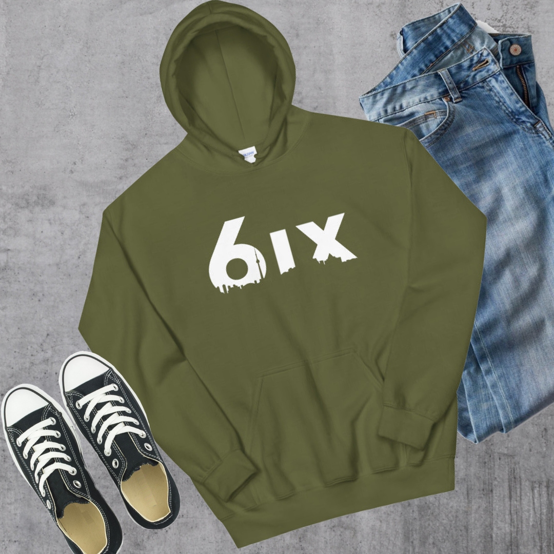 6ix Hoodie - Toronto Embroidery Military Green bulk orders canadian city apparel custom decoration custom embroidery custom hoodies embroidered hoodies embroidery service fast turnaround professional embroidery pullover sweatshirts toronto toronto embroidery