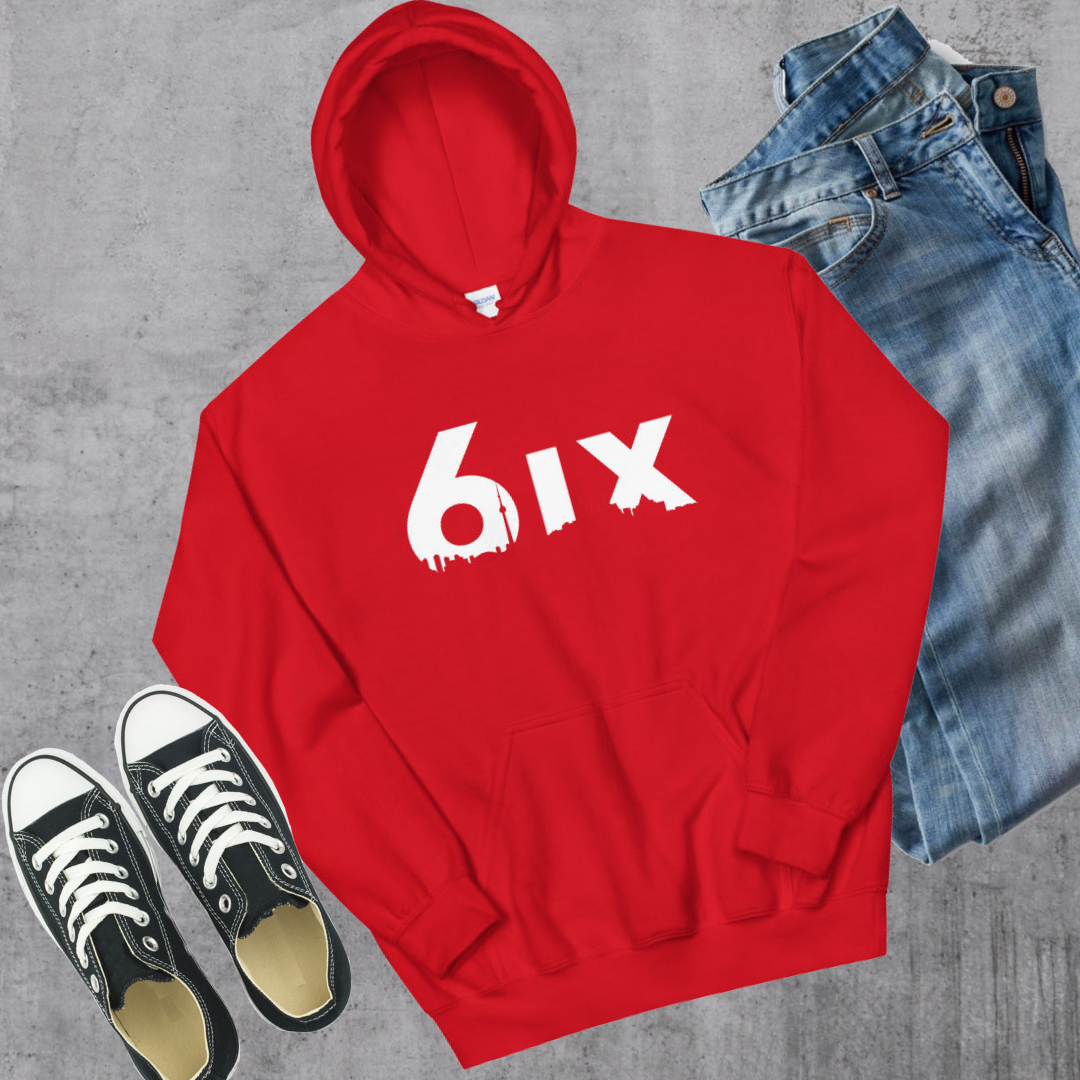 6ix Hoodie - Toronto Embroidery Red bulk orders canadian city apparel custom decoration custom embroidery custom hoodies embroidered hoodies embroidery service fast turnaround professional embroidery pullover sweatshirts toronto toronto embroidery