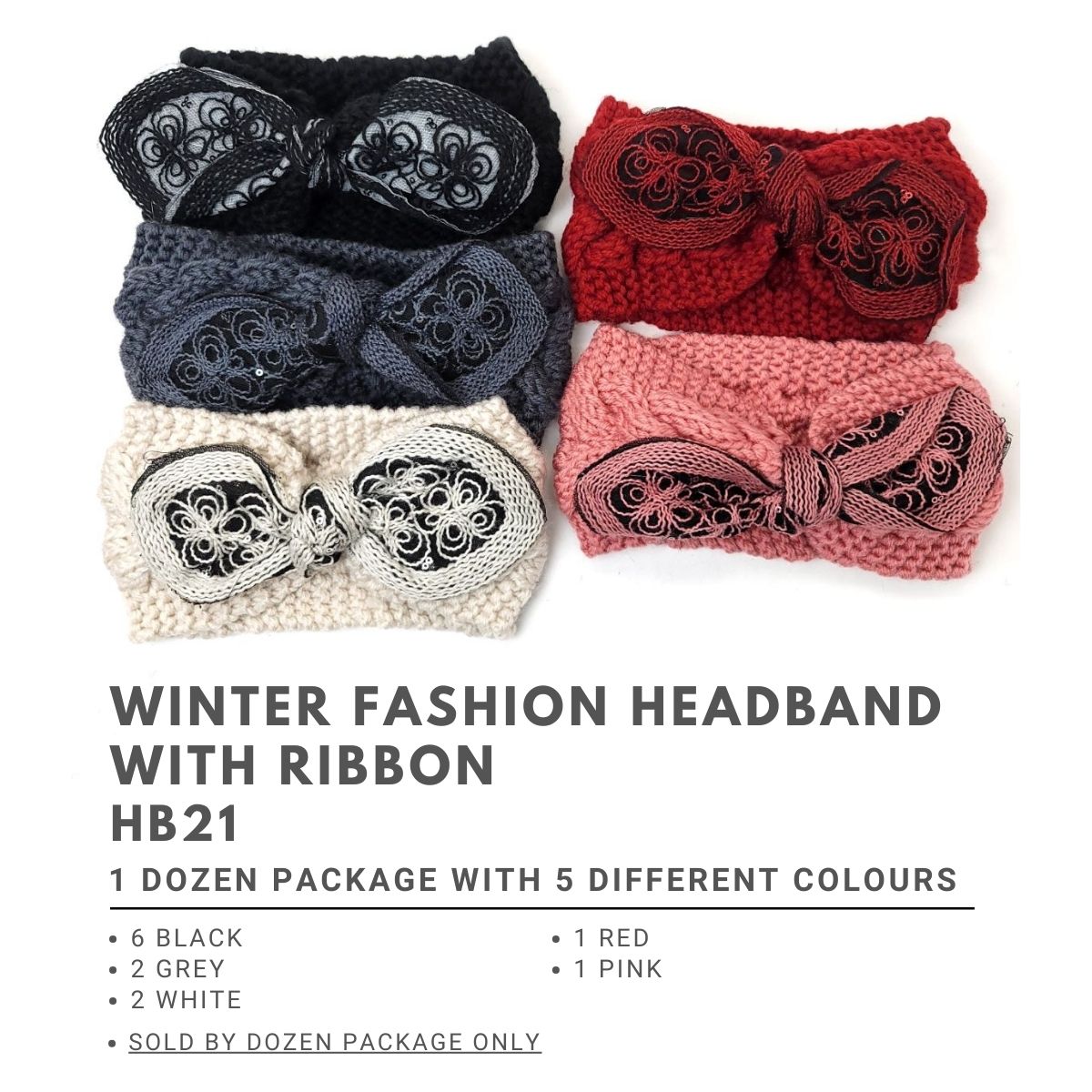 Winter Fashion Headband with Ribbon - HB21, Dozen Package Dozen Package - 6 Black 2Grey 2 White 1 Red 1 pink Accessories
