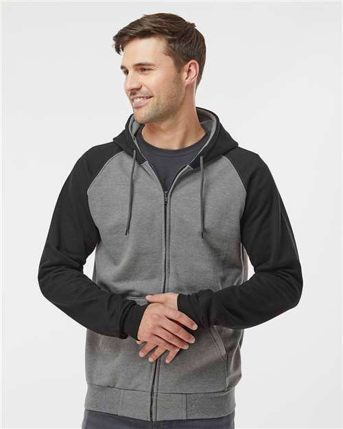 Fleece Raglan Hooded Full-Zip Sweatshirt - - 9371 Grey Heather Black M 00239 14 oz and over Adult Blends Cotton - Over 50% Cotton - Ringspun Cuffed / Cuffs Drawstring Fleece Fleece - Premium - Hood Full-Zips Heavy (Over 6 oz) Hooded KF4048 King Fashion Long Sleeves Mens & Unisex No Visible Logos Pockets Polyester Raglans Ribbed Sweatshirts Sweatshirts & Fleece Tops Zips