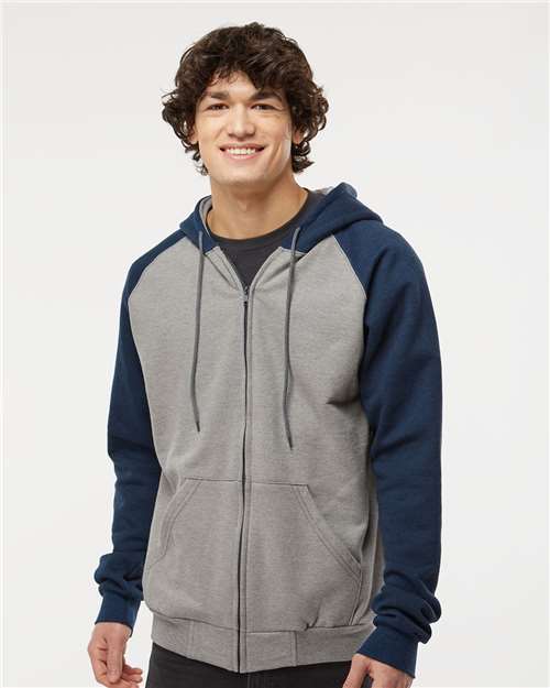 Fleece Raglan Hooded Full-Zip Sweatshirt - - 9371 Grey Heather Navy 00239 14 oz and over Adult Blends Cotton - Over 50% Cotton - Ringspun Cuffed / Cuffs Drawstring Fleece Fleece - Premium - Hood Full-Zips Heavy (Over 6 oz) Hooded KF4048 King Fashion Long Sleeves Mens & Unisex No Visible Logos Pockets Polyester Raglans Ribbed Sweatshirts Sweatshirts & Fleece Tops Zips