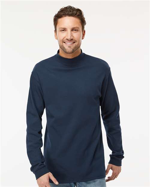 Jersey Interlock Mockneck Long Sleeve T-Shirt - - 9380 Navy L 00339 12-12.9 oz Adult Cotton - 100% Cotton - Combed Cotton - Ringspun Cuffed / Cuffs Heavy (Over 6 oz) Jersey KF4600 King Fashion Long Sleeves Mens & Unisex Mock Collar No Visible Logos Ribbed Spandex T-Shirts T-Shirts - Long Sleeve Tops