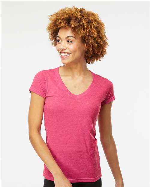 Women's Deluxe Blend V-Neck T-Shirt - - 9419 Heather Fuchsia 00742 3542 6-6.9 oz Adult Back to School 2025 CA Blends Cotton - Ringspun Festival Season M&O No Visible Logos Polyester - Over 50% Regular (5-6 oz) Short Sleeves Side Seams T-Shirts T-Shirts - Premium Tops V-Neck Womens