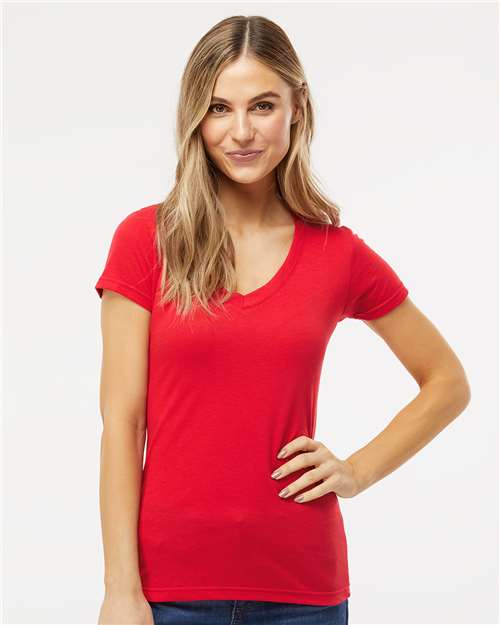 Women's Deluxe Blend V-Neck T-Shirt - - 9419 Red 00742 3542 6-6.9 oz Adult Back to School 2025 CA Blends Cotton - Ringspun Festival Season M&O No Visible Logos Polyester - Over 50% Regular (5-6 oz) Short Sleeves Side Seams T-Shirts T-Shirts - Premium Tops V-Neck Womens