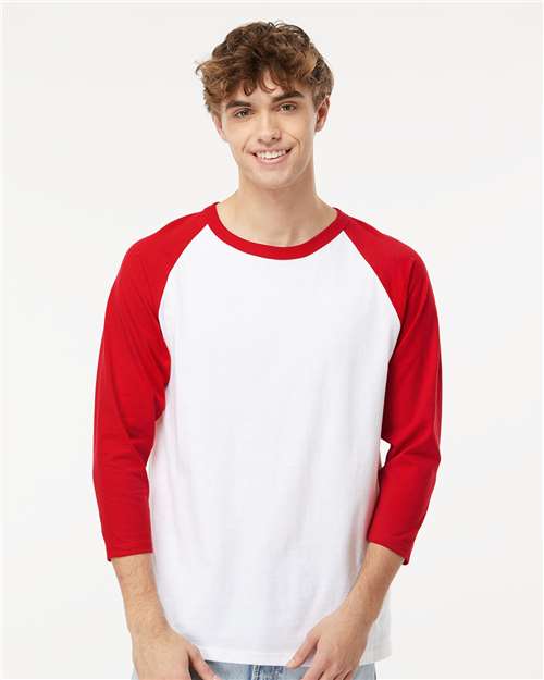 M&O 5540, Raglan Three-quarter Sleeve Baseball T-shirt, White/ Red