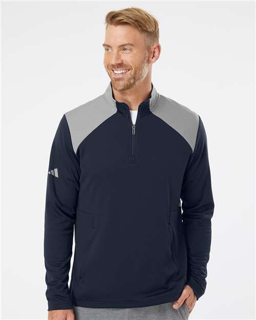 Adidas A532, Men's Textured Mixed Media Quarter-zip Pullover, Collegiate Navy/ Grey Three