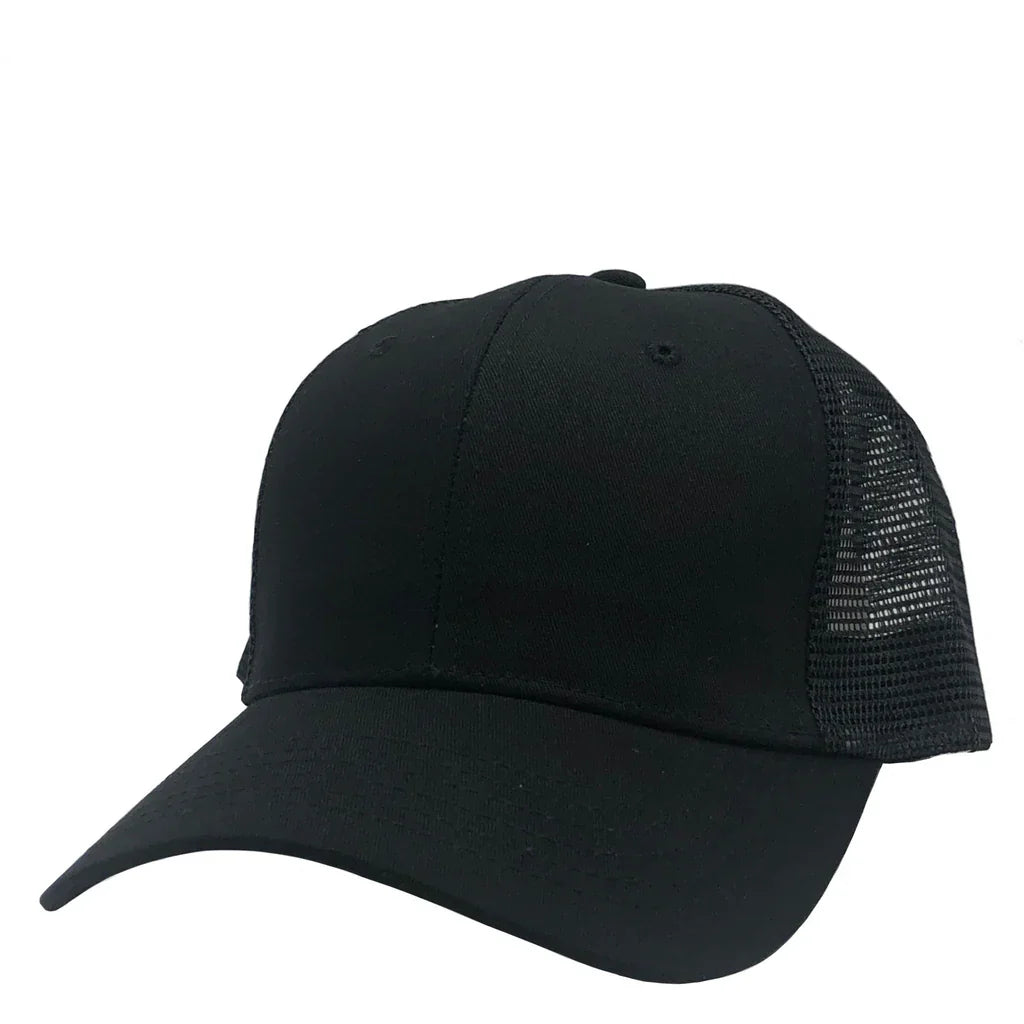 GN-1020 - Trucker Mesh Black Black One Size 6 PANELS COTTON / POLYESTER CURVE MESH mid profile nissi caps SNAPBACK STRUCTURED TRUCKER MESH UNISEX