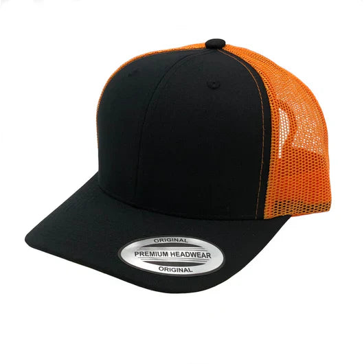 GNV-6606T - Premium Trucker Mesh Cap Black Orange ONE SIZE 6 PANELS CAP COTTON / POLYESTER CURVE headwear MESH mid profile nissi caps SNAPBACK STRUCTURED TRUCKER MESH UNISEX