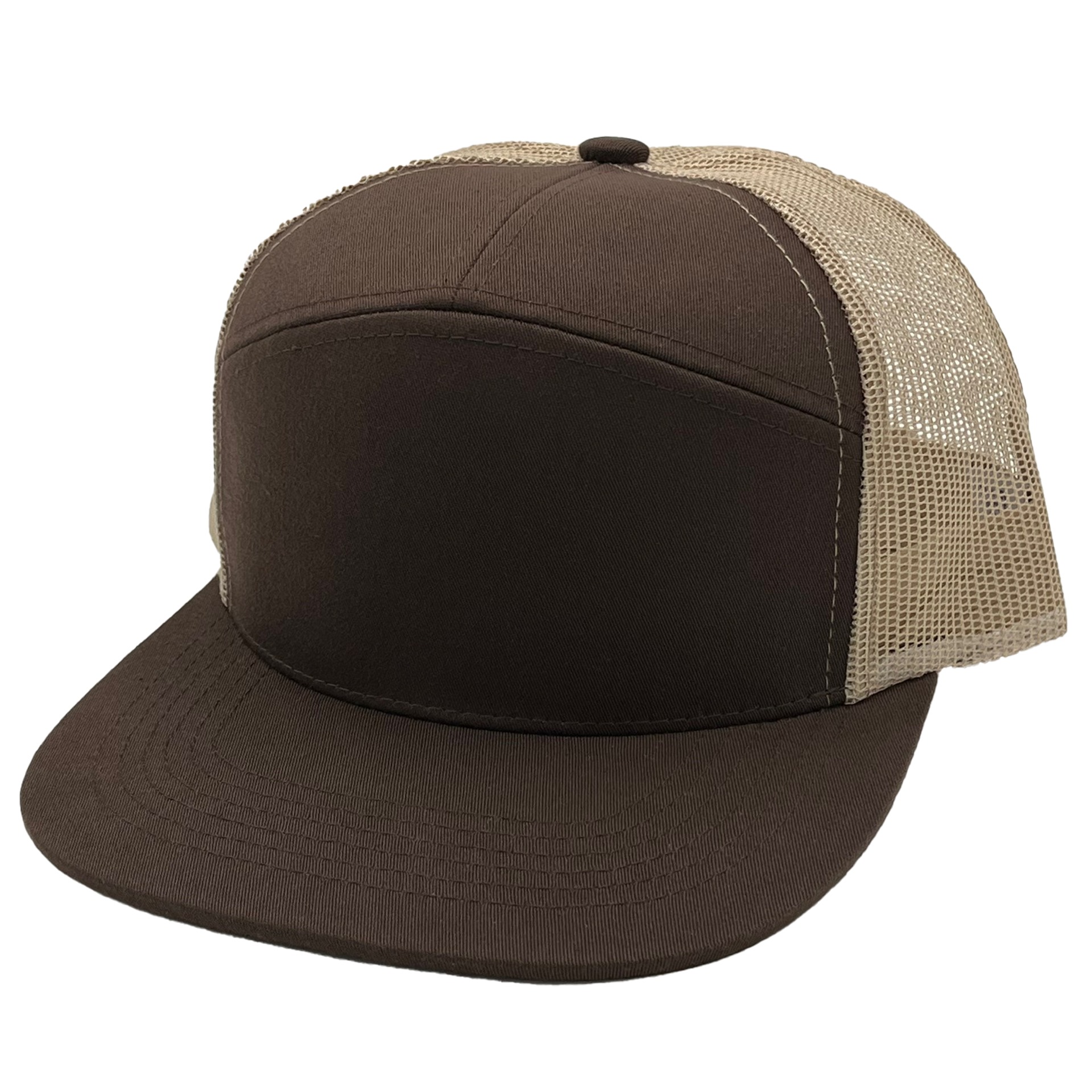 GNV-7005M - 7 Panels Mesh Flat Bill Cap Brown Khaki One Size 7 PANELS CAP COTTON / POLYESTER FLAT hat HIGH PROFILE MESH nissi caps SNAPBACK STRUCTURED UNISEX