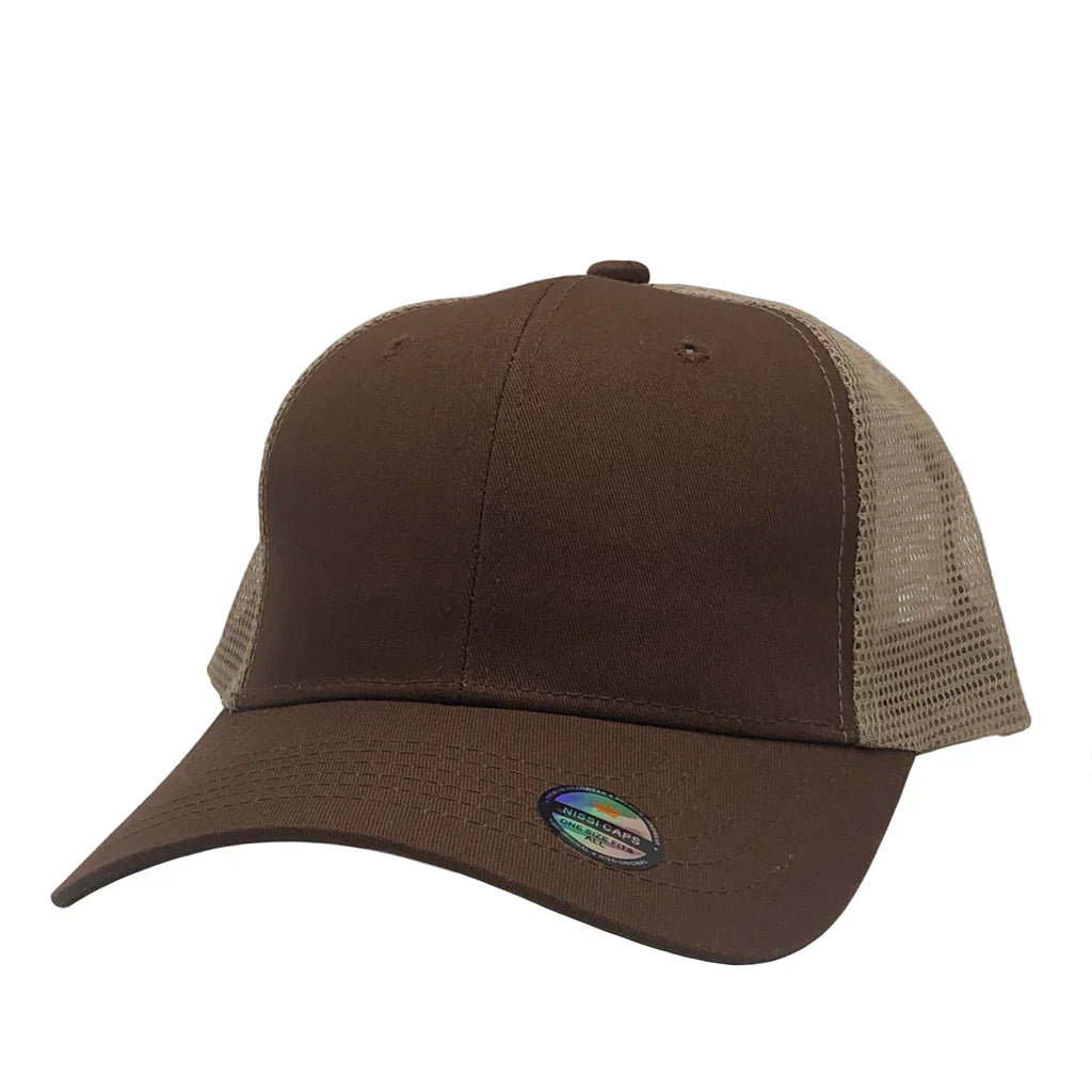 GN-1020 - Trucker Mesh Brown Khaki One Size 6 PANELS COTTON / POLYESTER CURVE MESH mid profile nissi caps SNAPBACK STRUCTURED TRUCKER MESH UNISEX