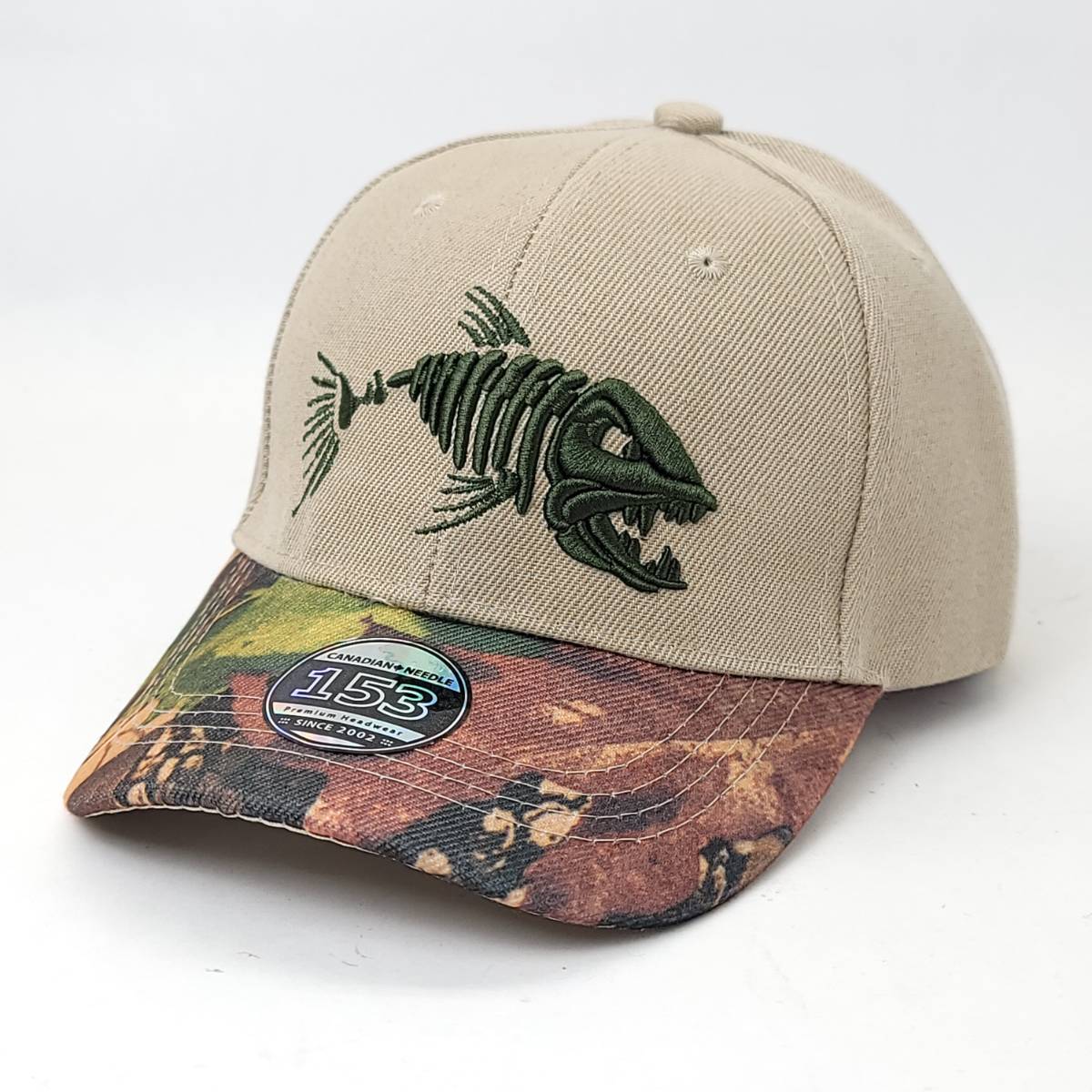 Fishing Cap - Fish Bone Logo, 3101, Adjustable OSFA Khaki 2 Tone