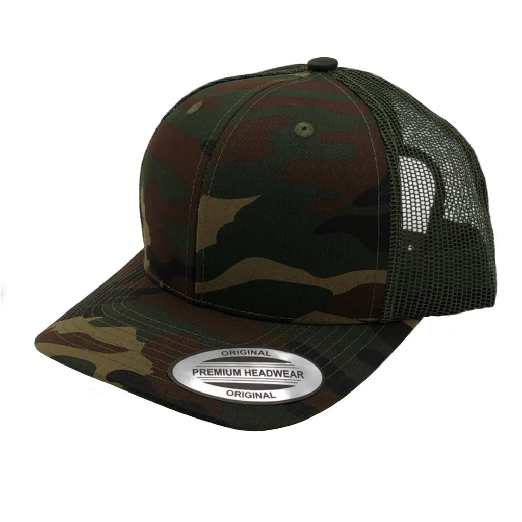 GNV-6606T - Premium Trucker Mesh Cap Camo Green Olive ONE SIZE 6 PANELS CAP COTTON / POLYESTER CURVE headwear MESH mid profile nissi caps SNAPBACK STRUCTURED TRUCKER MESH UNISEX