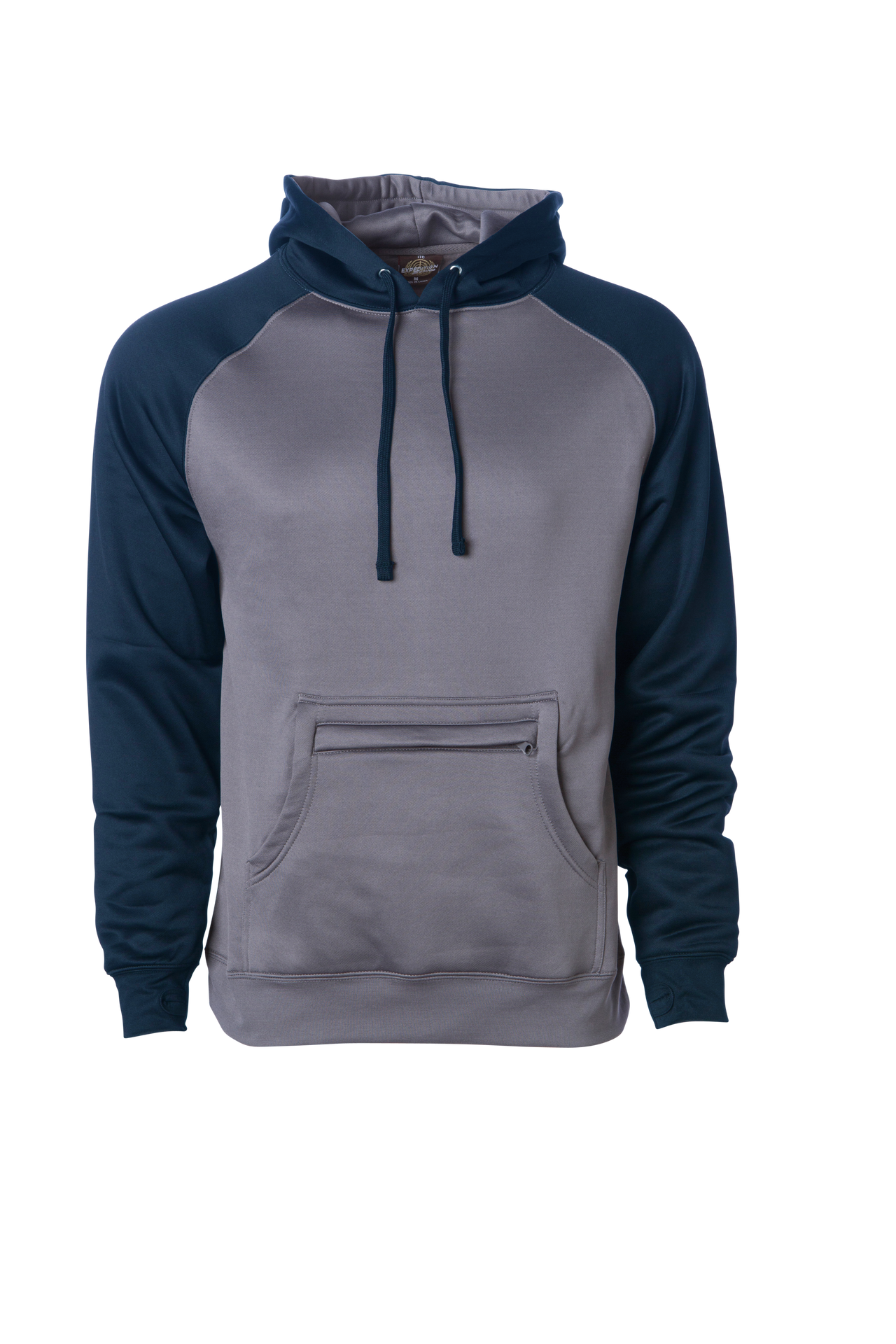 EXP450PP - Poly Raglan Pullover Hooded Sweatshirt Charcoal Body Navy Sleeve CLOSEOUT COTTON / POLYESTER EXP CLOSE OUT hoodie HOODIES INDEPENDENT MEN mens MIDWEIGHT ON SALE PULLOVERS REGULAR tearaway